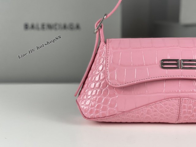 Balenciaga專櫃2022爆款小號鱷魚粉銀全皮肩背包 巴黎世家翻蓋腋下包 fyj1535